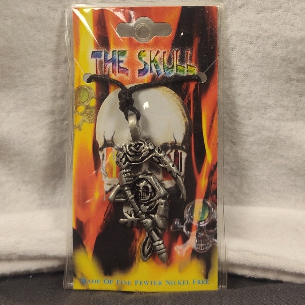 New The Skull Grim Reaper Pewter Pendant Necklace Scythe Black Adjustable Cord